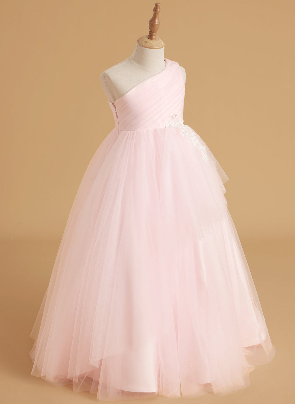Vestido de niña de las flores estilo princesa, corte A, color rubor encantado | Vestido de tul de un solo hombro con cola 