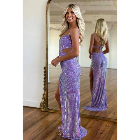 Robe de bal longue à bretelles spaghetti et col en V, ornée de perles et fendue