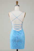 Sparkly Blue Bodycon Spaghetti Straps Short Homecoming Dress with Beading