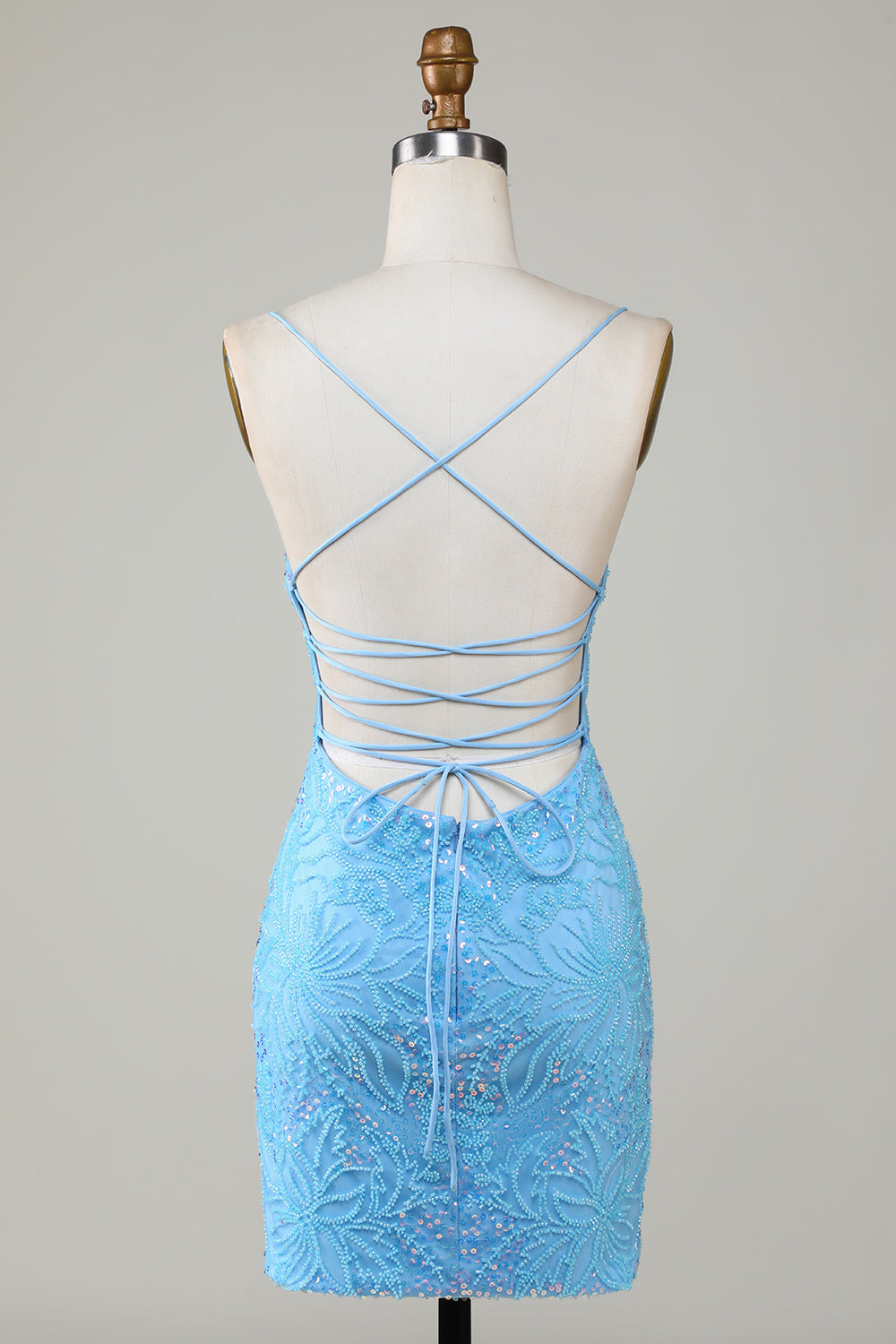 Sparkly Blue Bodycon Spaghetti Straps Short Homecoming Dress with Beading