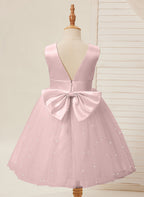 Vestido de princesa/vestido de princesa de satén y tul hasta la rodilla para niña de las flores 