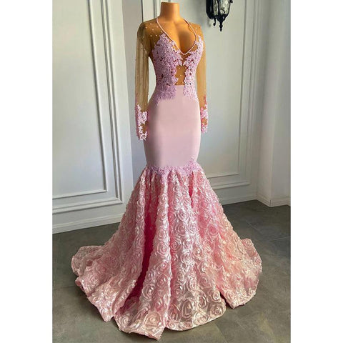 Robe de bal sirène africaine sexy à col en V et manches longues en dentelle 