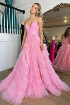 Vestido largo de fiesta rosa con tirantes finos, corte en A y volantes