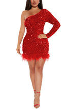 Robe mini de soirée asymétrique à sequins et plumes Queen of Gems 