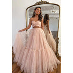 Vestido largo de fiesta de bienvenida con escote en forma de A, de tul fruncido y sin tirantes