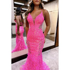 Vestido de fiesta de noche con lentejuelas y escote en V, estilo sirena, sexy y brillante, con tirantes finos