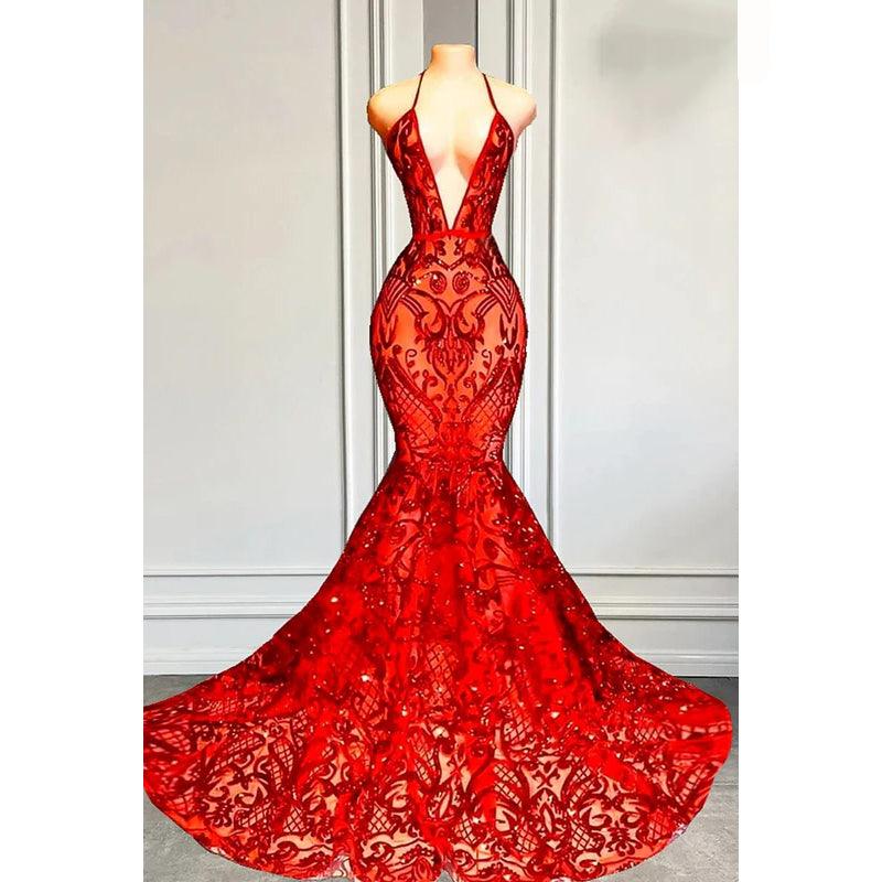 Vestido de fiesta sexy y atractivo con tirantes finos, escote en V profundo, sin mangas, corte sirena, espalda descubierta y lentejuelas