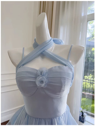 Robe de soirée simple bleue à fines bretelles en mousseline Y8581