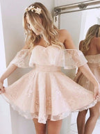 Vestidos de fiesta de encaje con hombros descubiertos y espalda media, corte en A 