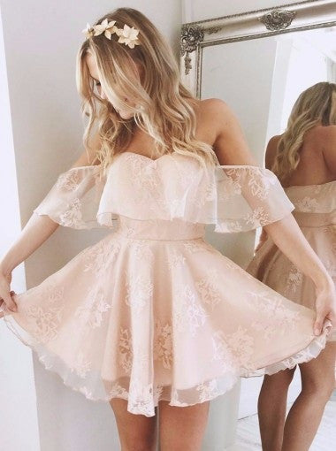 Vestidos de fiesta de encaje con hombros descubiertos y espalda media, corte en A 