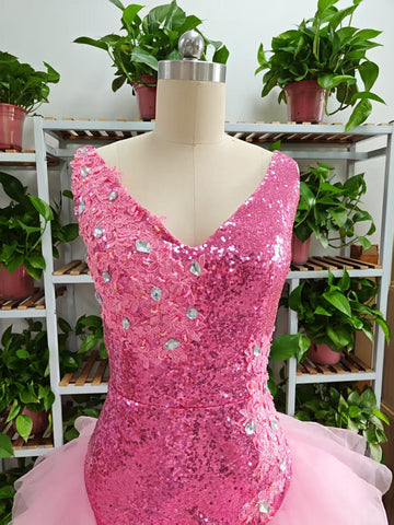 Cute V Neck Pink Short Homecoming Dress and Bottom Tulle Ruffles Pink Birthday Outfit Dress F1069