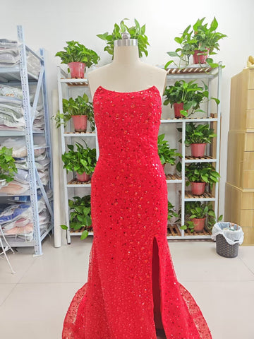 Alcyone | Robe de bal sirène rouge à sequins avec fente et col rond F1065