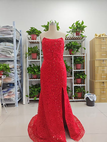Alcyone | Robe de bal sirène rouge à sequins avec fente et col rond F1065