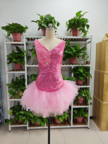 Cute V Neck Pink Short Homecoming Dress and Bottom Tulle Ruffles Pink Birthday Outfit Dress F1069