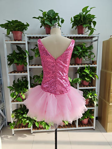 Cute V Neck Pink Short Homecoming Dress and Bottom Tulle Ruffles Pink Birthday Outfit Dress F1069
