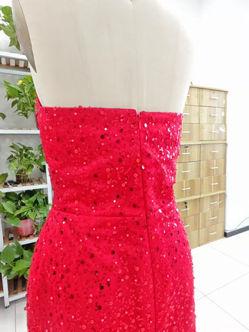 Alcyone | Robe de bal sirène rouge à sequins avec fente et col rond F1065