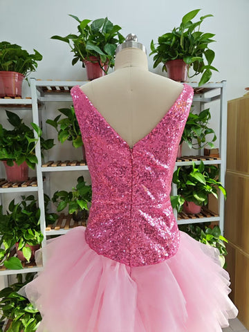 Cute V Neck Pink Short Homecoming Dress and Bottom Tulle Ruffles Pink Birthday Outfit Dress F1069