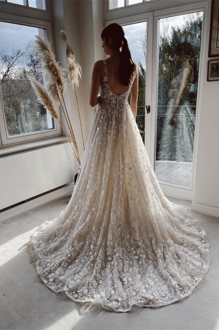 Champagne A-line Floor Length Straps V-neck Wedding Dress