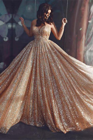 Champagne Elgant A-line Spaghetti-Strapss Backless Sequins Prom Dresses