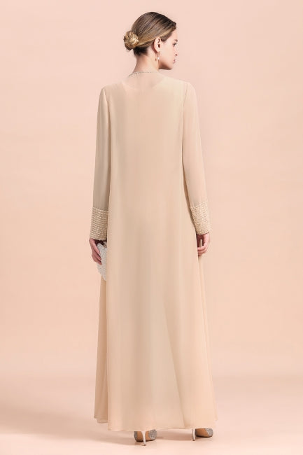 Vestido largo de gasa color champán para la madre de la novia, de dos piezas con chaqueta.