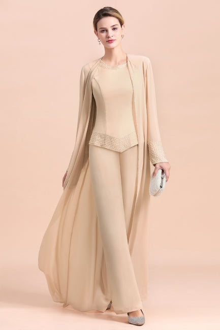 Robe deux pièces en mousseline longue champagne pour la mère de la mariée, avec veste.