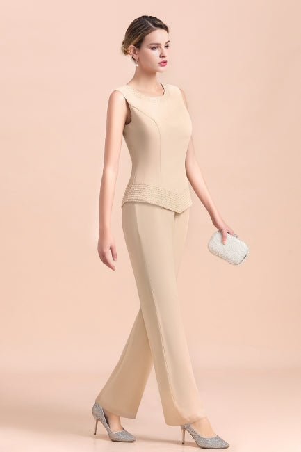 Robe deux pièces en mousseline longue champagne pour la mère de la mariée, avec veste.