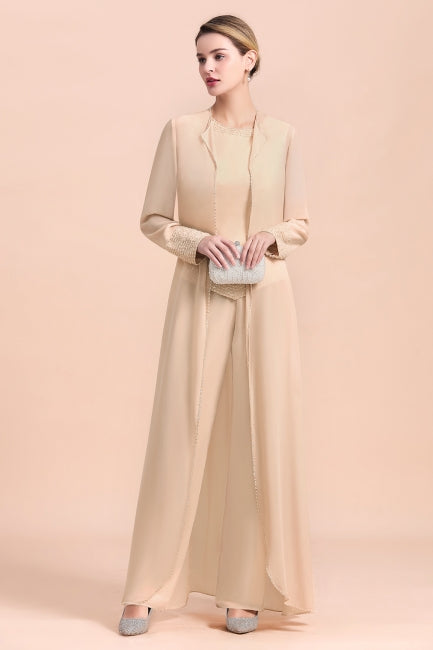 Robe deux pièces en mousseline longue champagne pour la mère de la mariée, avec veste.