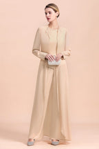 Robe deux pièces en mousseline longue champagne pour la mère de la mariée, avec veste.