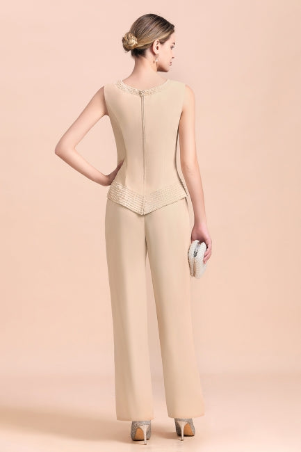 Robe deux pièces en mousseline longue champagne pour la mère de la mariée, avec veste.