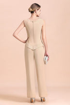 Robe deux pièces en mousseline longue champagne pour la mère de la mariée, avec veste.