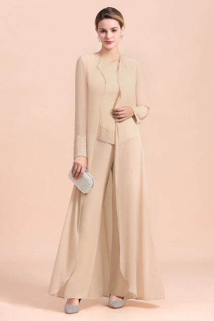 Robe deux pièces en mousseline longue champagne pour la mère de la mariée, avec veste.