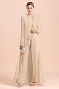 Robe deux pièces en mousseline longue champagne pour la mère de la mariée, avec veste.