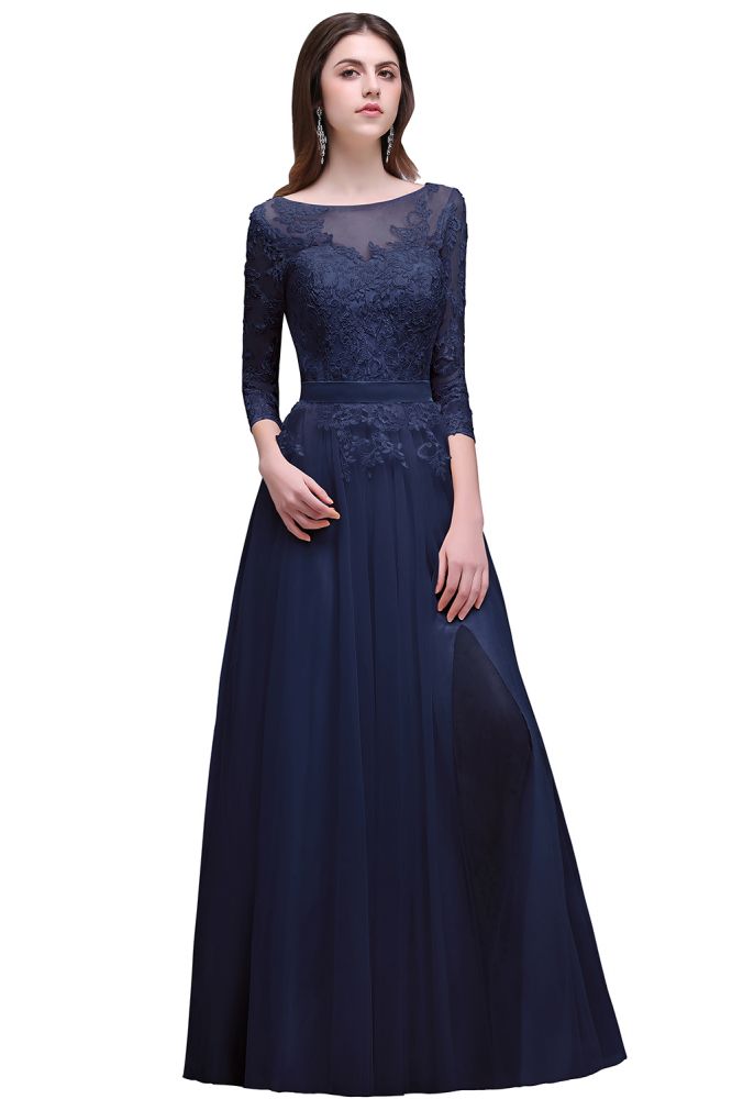 Champagne Scoop A-line Lace Appliques Prom Dress