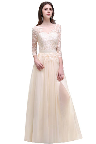 Champagne Scoop A-line Lace Appliques Prom Dress