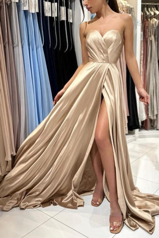 Champagne Simple Long Satin Sleeveless Evening Dresses With Slit