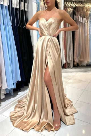 Champagne Simple Long Satin Sleeveless Evening Dresses With Slit