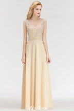 Robe de demoiselle d'honneur longue sans manches couleur champagne, ornée de cristaux et de lignes trapèze