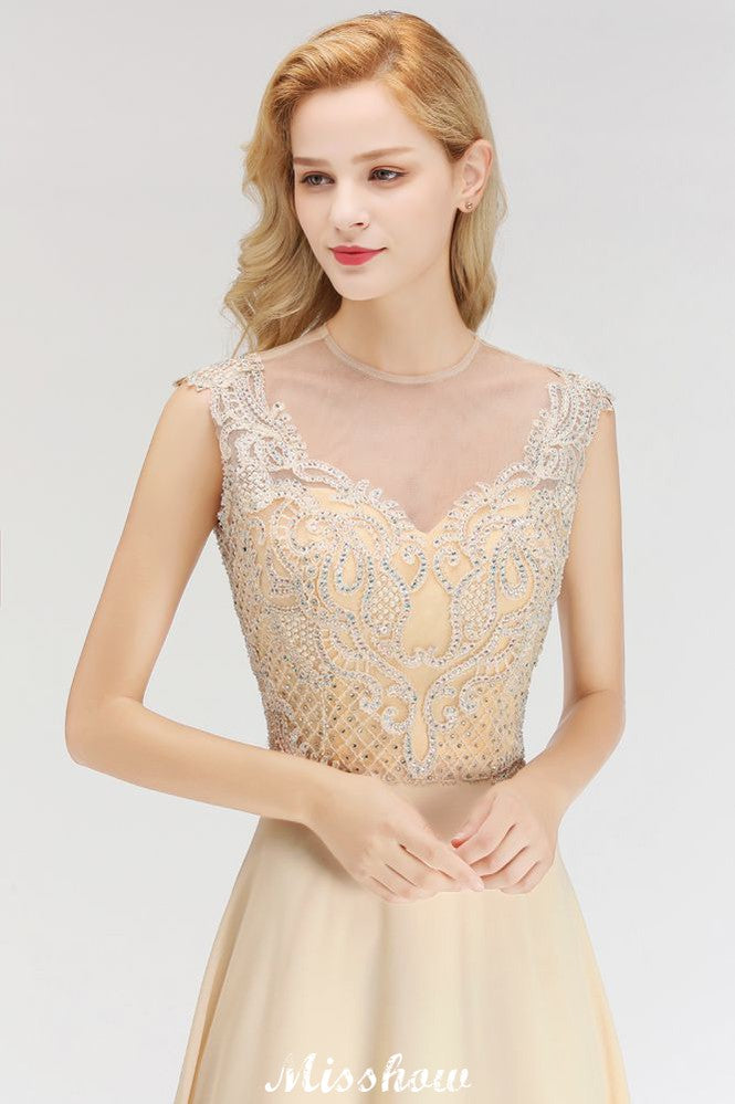 Robe de demoiselle d'honneur longue sans manches couleur champagne, ornée de cristaux et de lignes trapèze