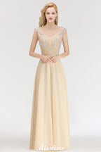 Robe de demoiselle d'honneur longue sans manches couleur champagne, ornée de cristaux et de lignes trapèze