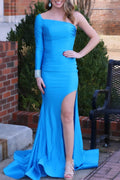 Charee | Blue One-Sleeve Mermaid Long Gown with Slit