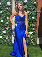 Mermaid Pink Off Shoulder Sheer Corset Rhinestone Long Prom Dress with Slit