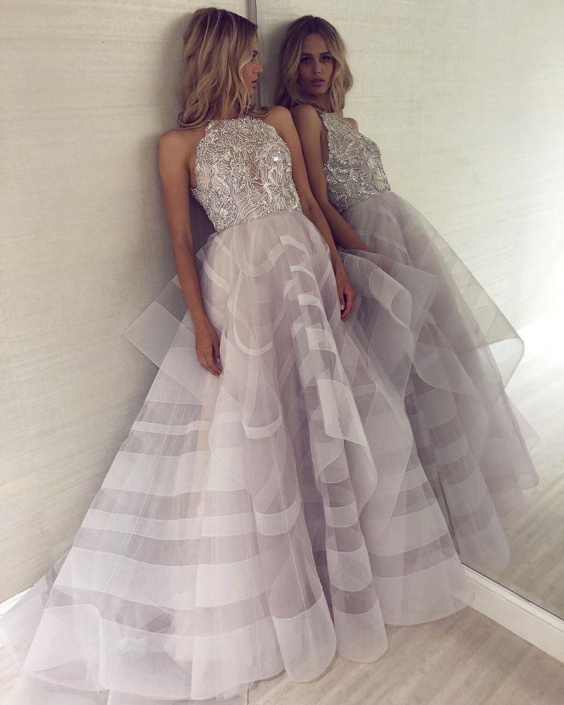 Charming A-Line Appliques Halter Sleeveless Floor-Length Formal Dresses