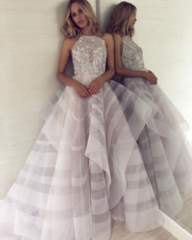 Charming A-Line Appliques Halter Sleeveless Floor-Length Formal Dresses