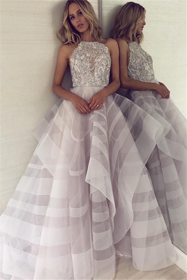 Charming A-Line Appliques Halter Sleeveless Floor-Length Formal Dresses