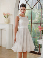 Charmante robe de bal trapèze en tulle polyester sans manches blanc cassé avec paillettes