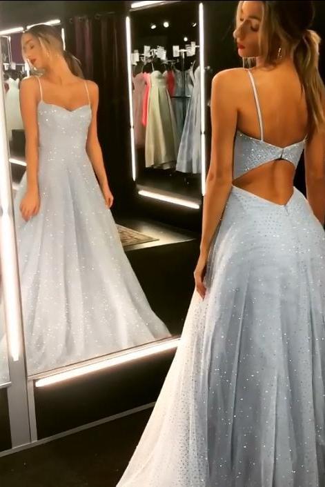 Charming Backless Dress Tulle Long Prom Dress Long Evening Gowns
