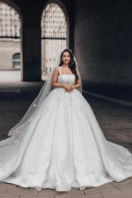 Robe de bal charmante en dentelle carrée sans manches, robe de mariée blanche avec appliques