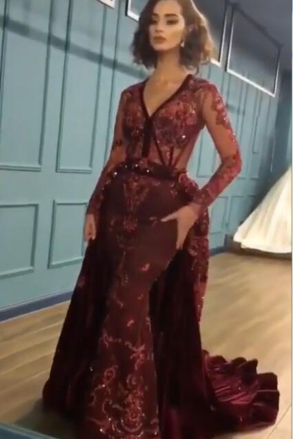 Charming Beading Burgundy Evening Gowns Long Sleeves Prom Dresses with Appliques