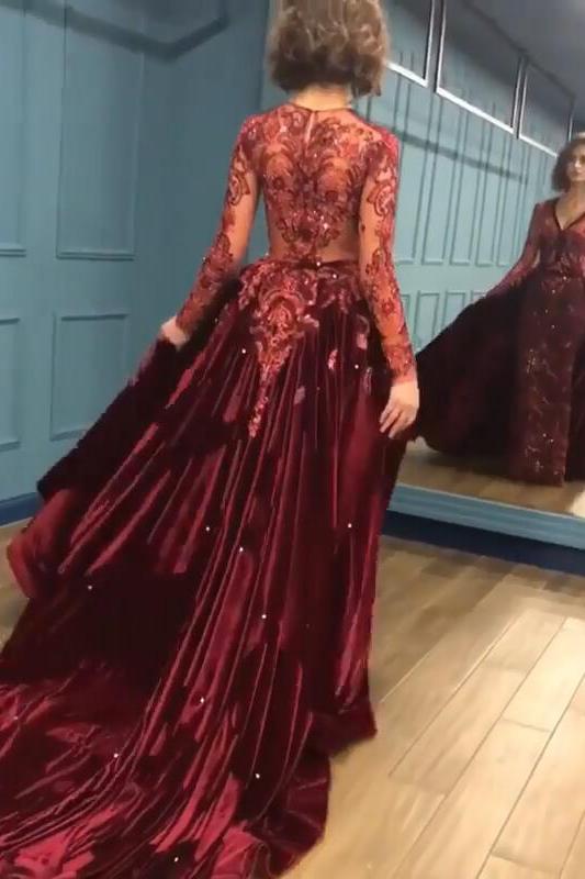 Charming Beading Burgundy Evening Gowns Long Sleeves Prom Dresses with Appliques