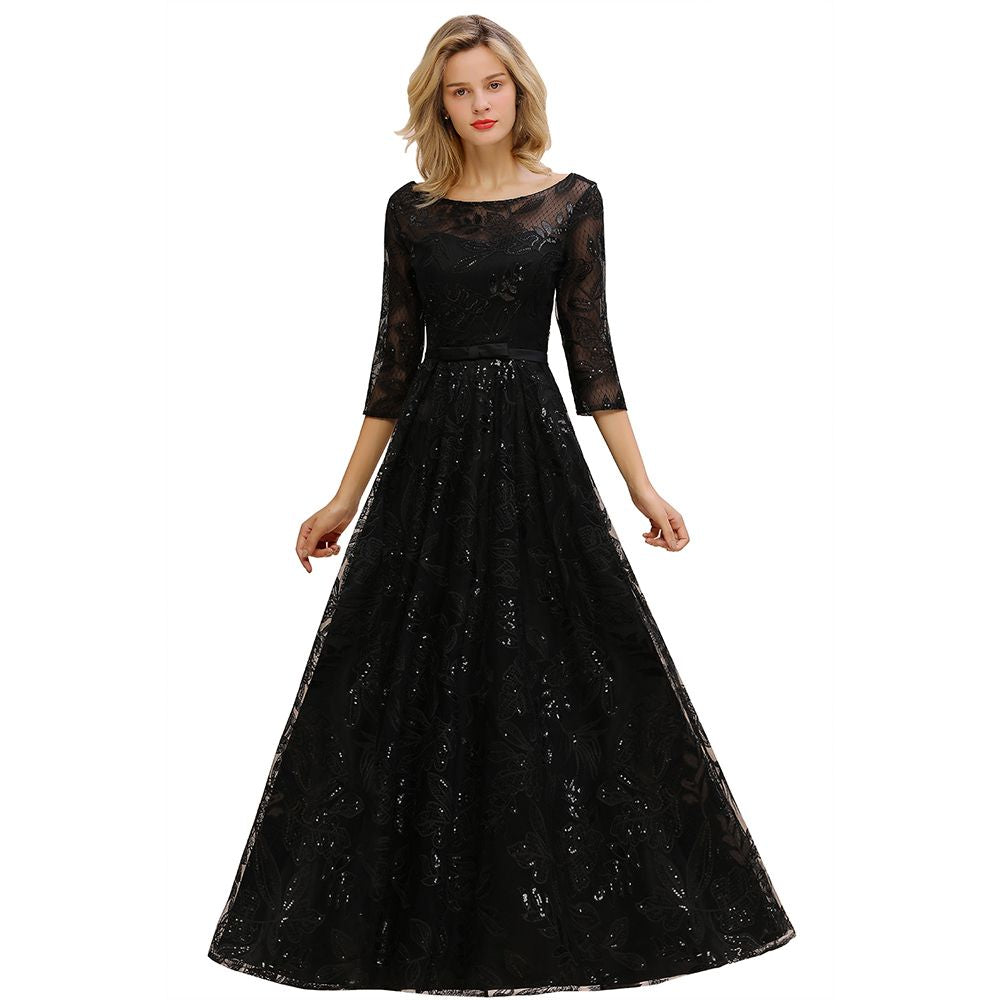 Charmante robe de soirée noire à manches mi-longues en tulle et paillettes, robe de bal Aline des années 20
